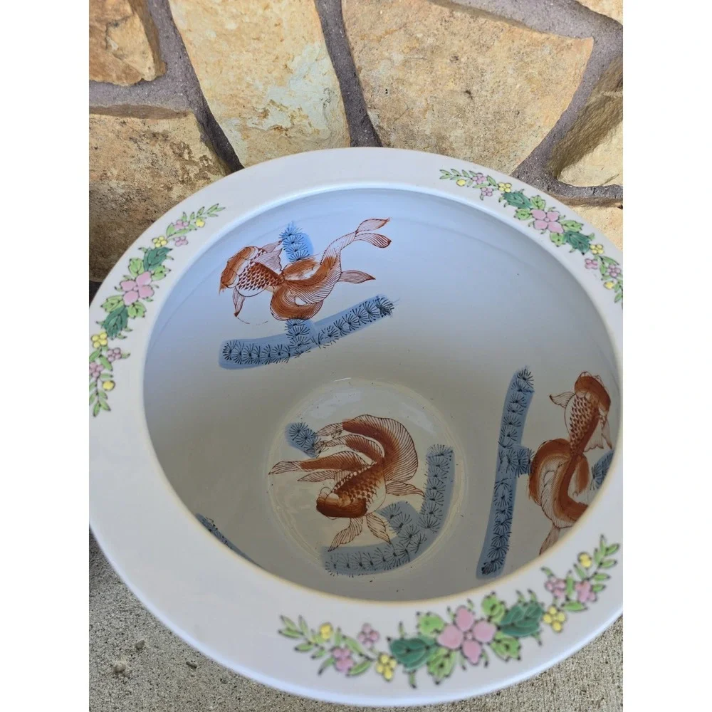 Chinese Fish Bowl Birds And Grapes With Stand Koi Pot